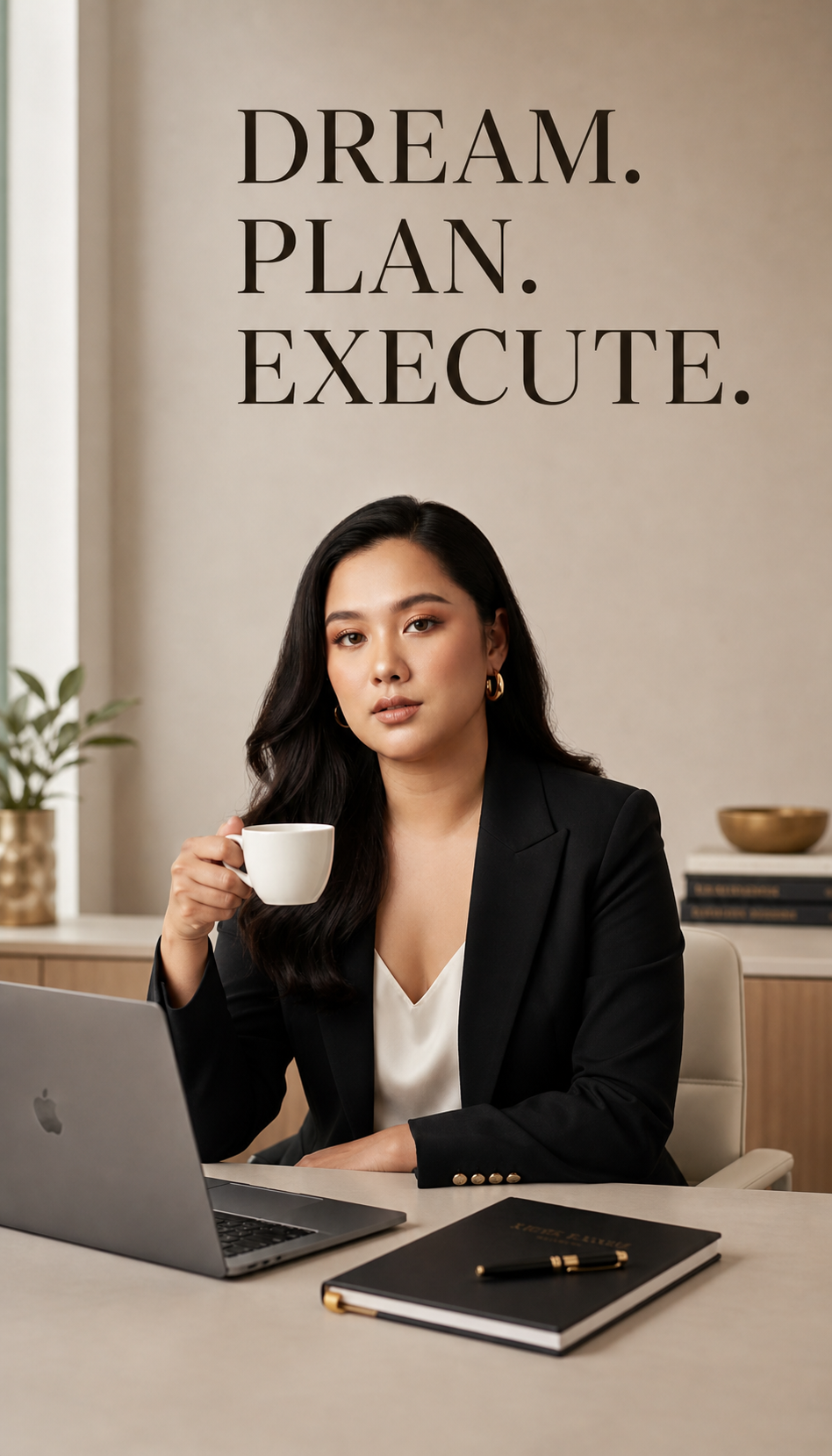 Professional portrait of Jhelyn Melegrito holding coffee at a desk