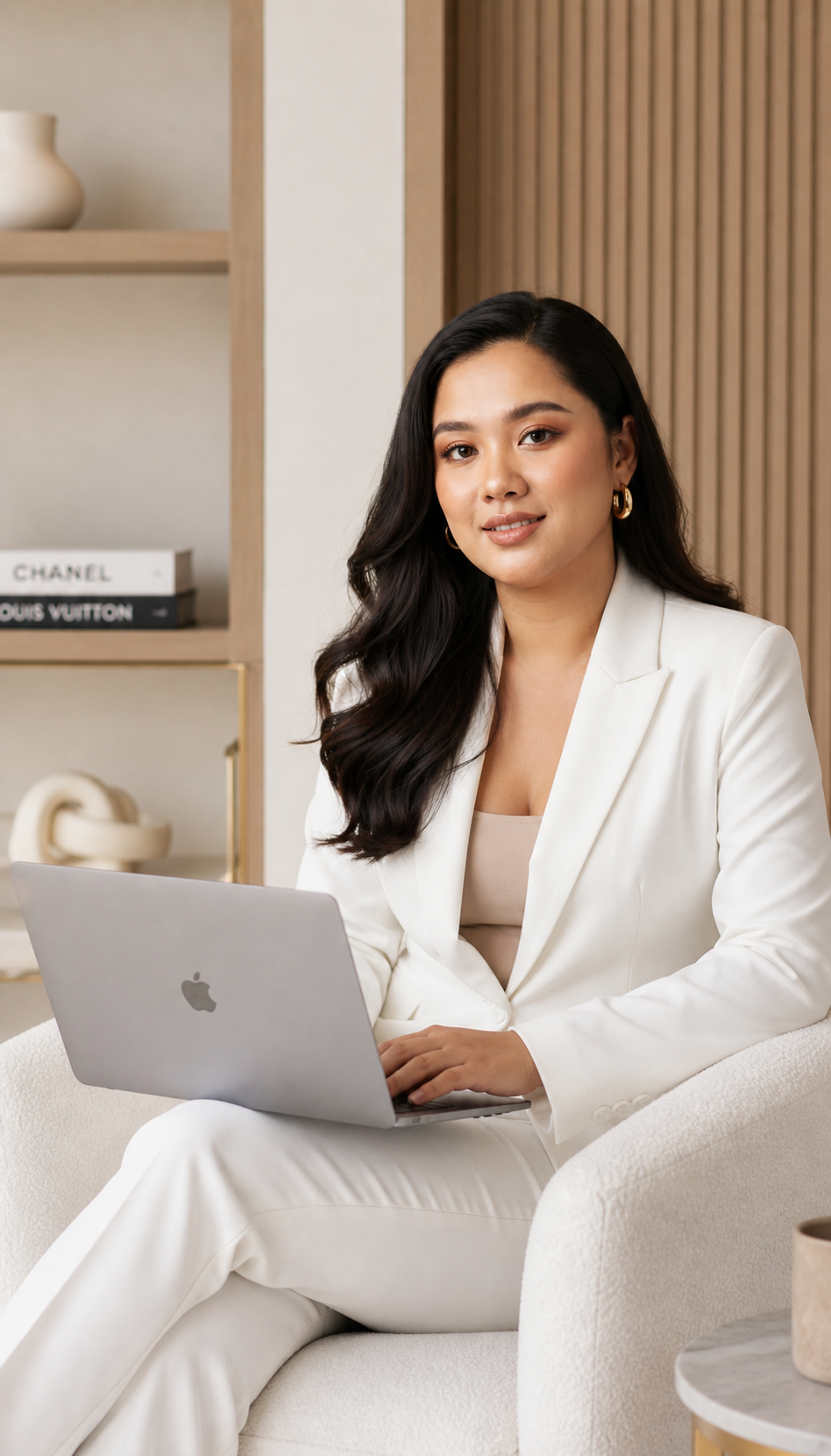 Professional portrait of Jhelyn Melegrito seated with a laptop